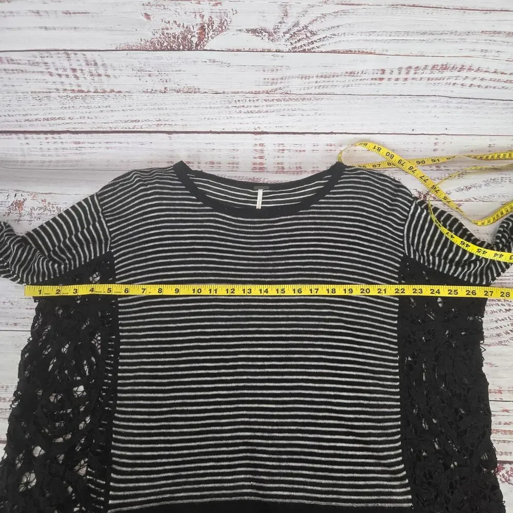 Free People Love Me Do Black Stripe Top XS Linen Crochet Lace Trim Relaxed Boho